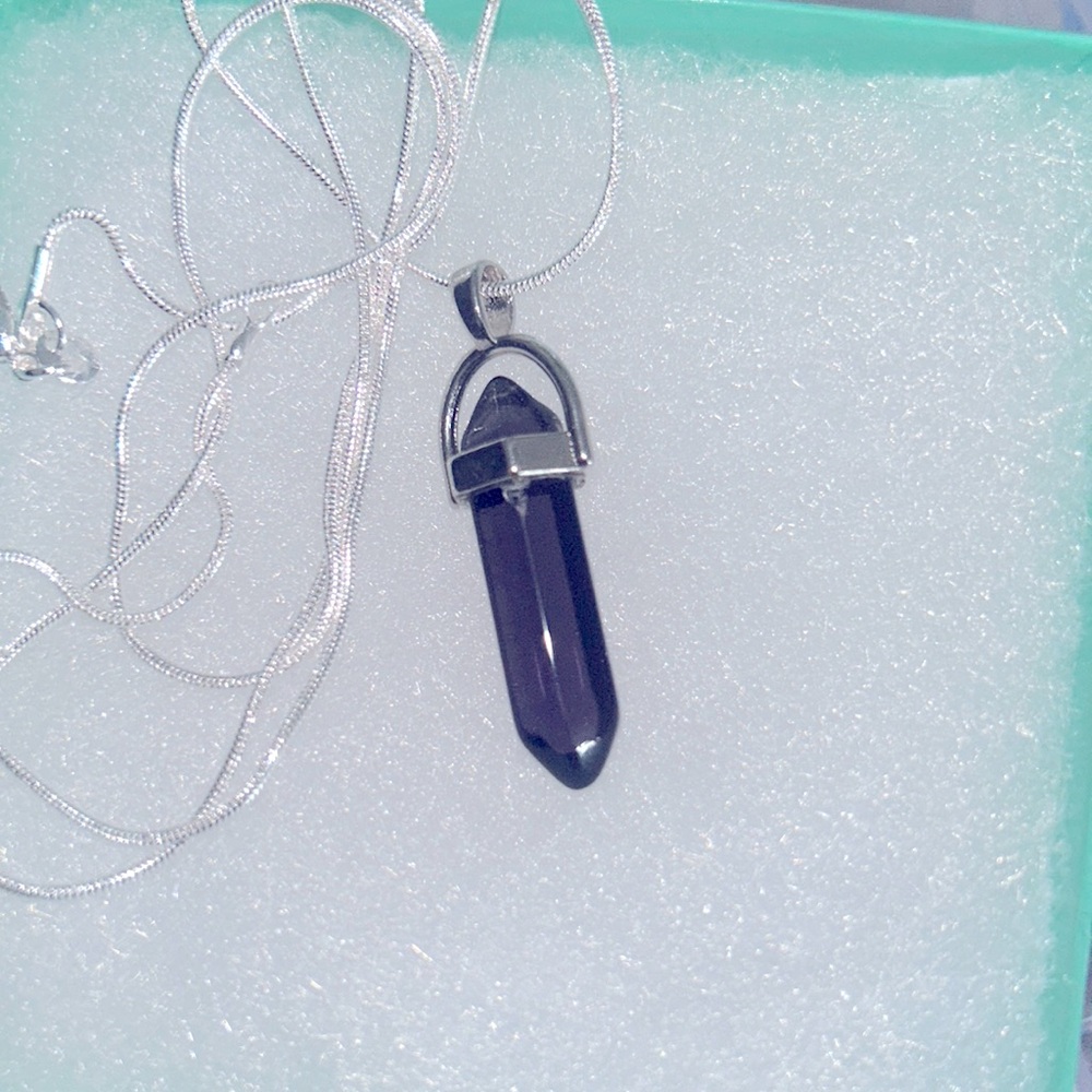 Boho hippie Sterling Silver Purple Quartz Crystal 30” necklace